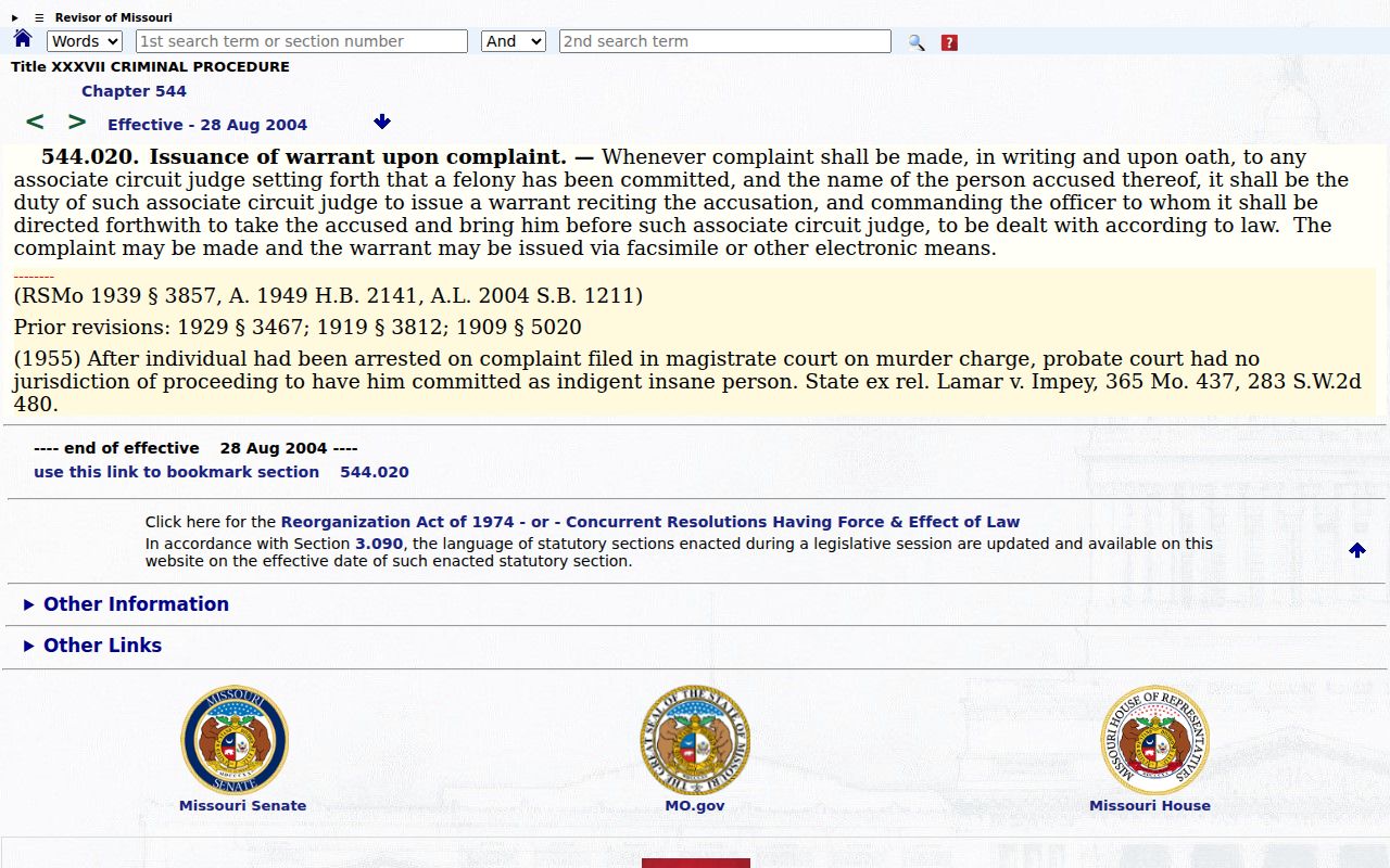 Missouri statutory complaint and warrant elements