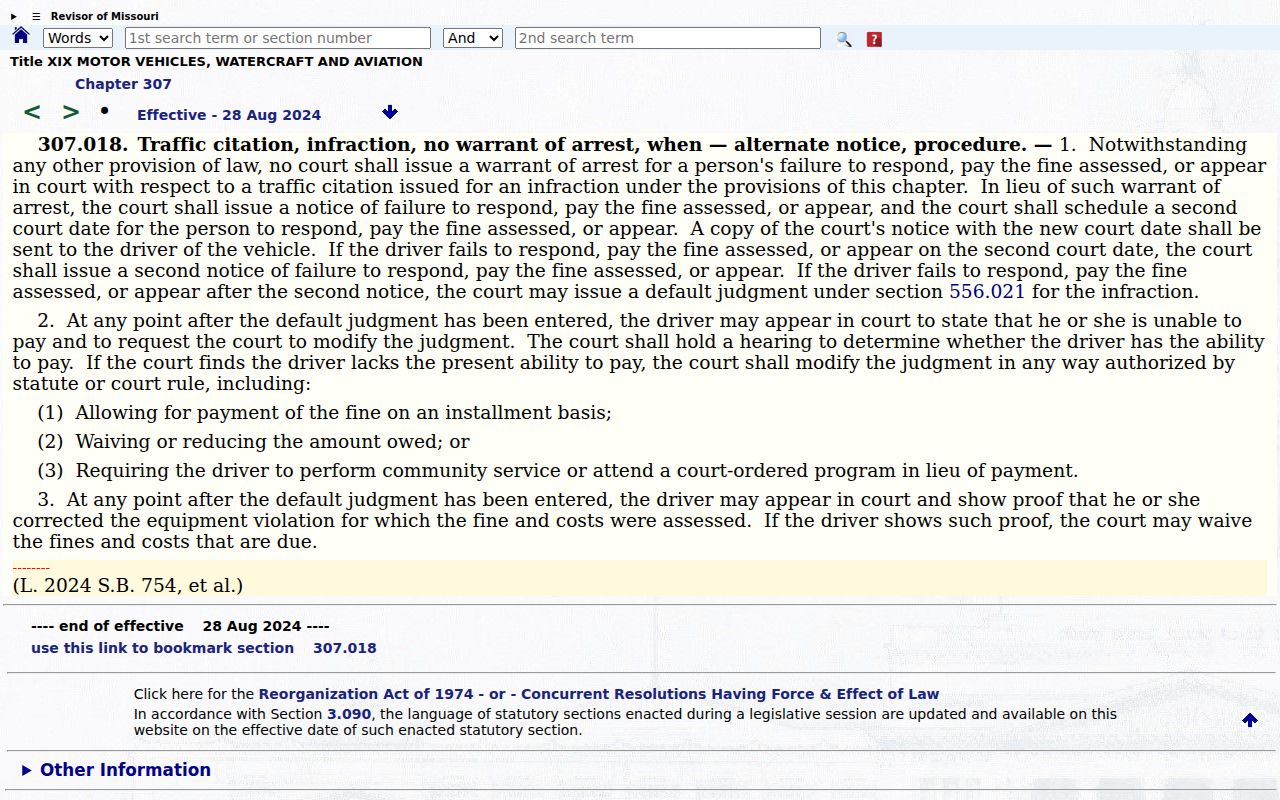 Missouri traffic infraction warrant limitation